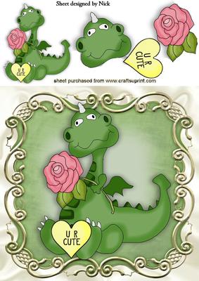 U R Cute! Little Dragon with Pink Rose and Heart 8x8