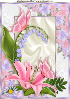 Pink Butterflies with Lilies in Floral Frame A4