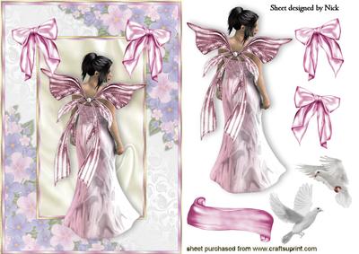 Fantasy Fairy in Pink Floral Frame with Doves and Bows