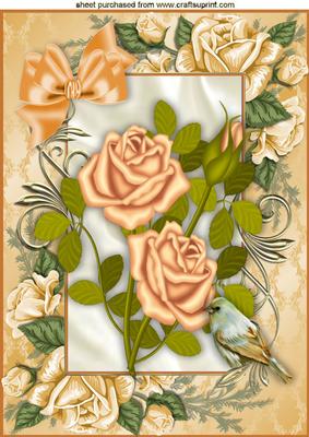 Peach Roses with Little Bird in Rose Frame A4
