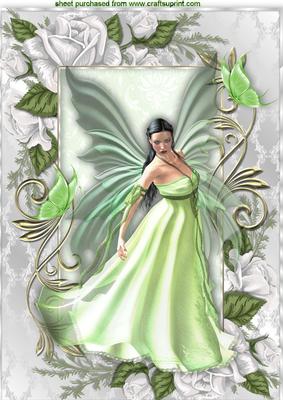 Fantasy Fairy in Green with Butterflies in Rose Frame A4