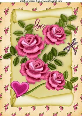 Roses with Love! on a Scroll with Heart A4