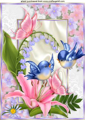Pink Lilies with Little Blue Birds A4
