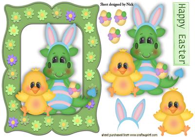 Little Green Dragon and Yellow Chick in Flower Frame