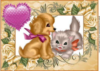 Puppy Love for a Kitten in Rose Frame A4