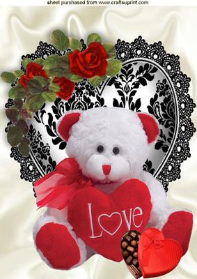 Cuddly Love Teddy Bear on Lace Heart A4