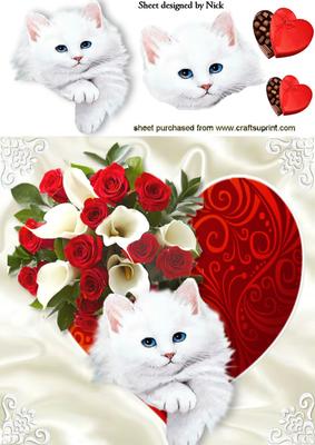 White Kitty on a Red Heart with Roses 8x8