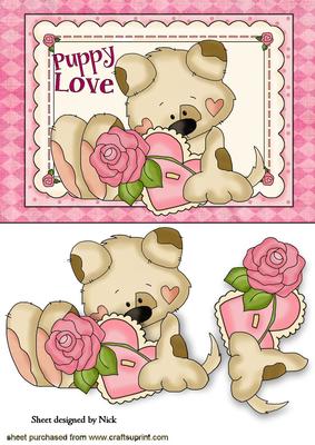 Puppy Love with Hearts and Flowers