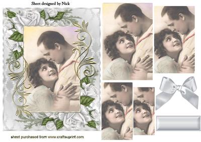 Vintage Embracing Couple in White Rose Frame Pyramids