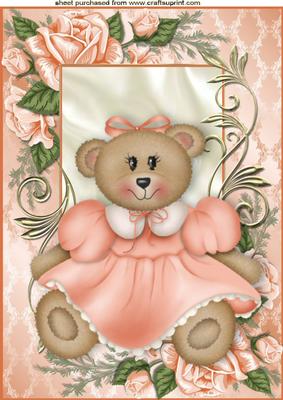 Cute Little Girl Teddy in Peach Rose Frame A4