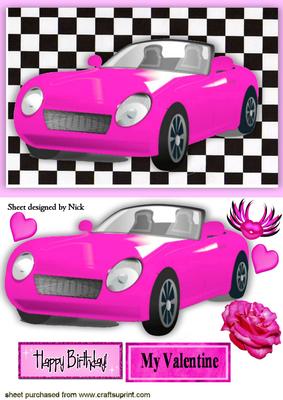 Pink Sports Car, with Hearts and Rose