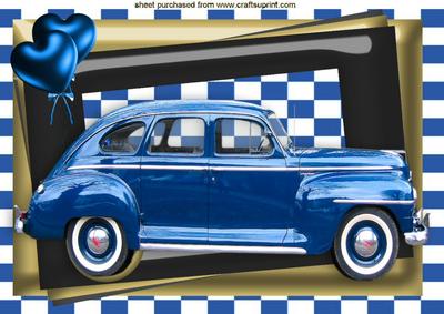 Blue Vintage Car with Balloons in Frame A4