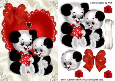 Love Pandas on a Red Lace Heart with Bow