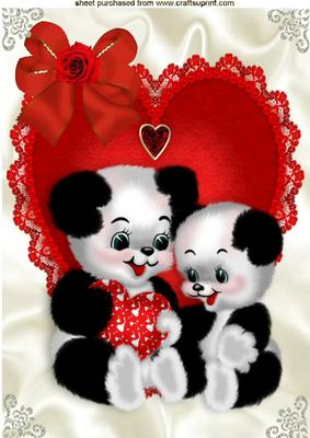 Love Pandas on a Red Lace Heart with Bow A4