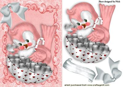 Peach Luv Bird with Parasol of Hearts, Silver Bows