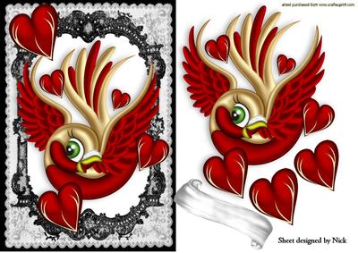 Bird with Red Hearts in Black Lace Frame