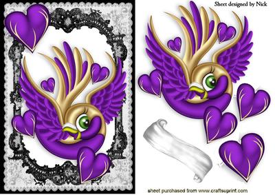 Birds with Purple Hearts in Black Lace Frame