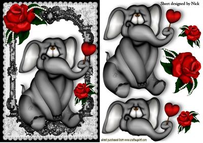 Little Grey Elephant in Black Lace Frame with Red Rose