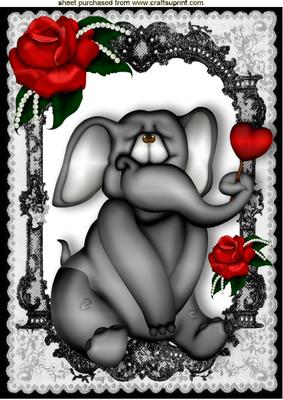 Little Grey Ele in Black Lace Frame with Red Rose A4