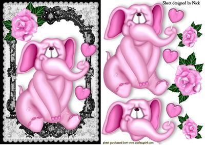 Little Pink Elephant with Pink Rose in Black Lace Frame