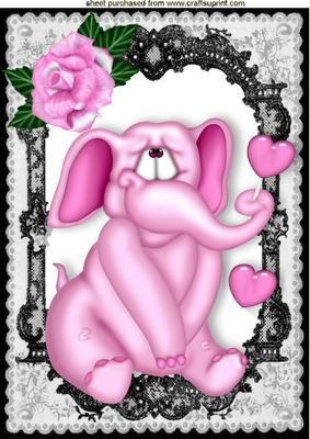 Little Pink Ele with Pink Heart and Rose in Lace Frame A4