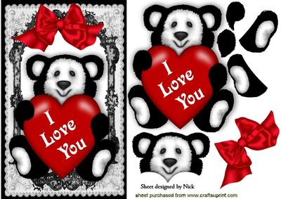 Black/white Panda with Big Red Bow in Lace Frame