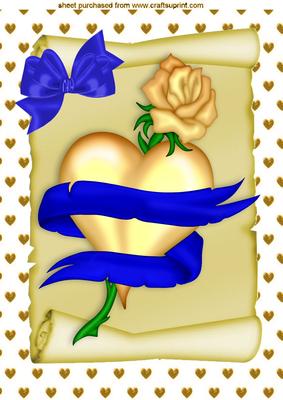 Gold Heart on a Scroll Entwined with Blue Bow A4