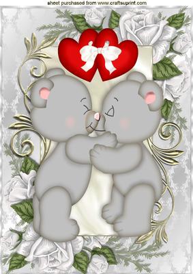 Kissing Bears with Red Hearts in Rose Frame A4