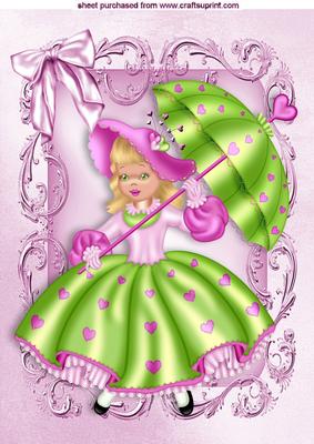 Pretty in Ornate Frame Lady with Pink Hearts & Bow A4