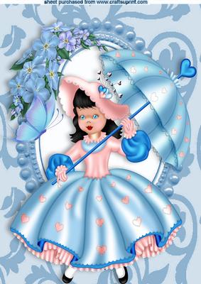 Pretty in Blue with Pink Hearts Butterflies and Flowers A4