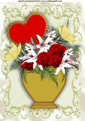 Heart with Red Roses Bouquet and Butterflies A4