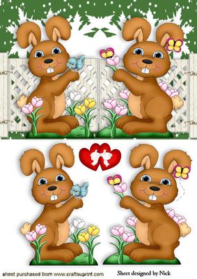 Bunnies in the Garden with Flowers and Birds