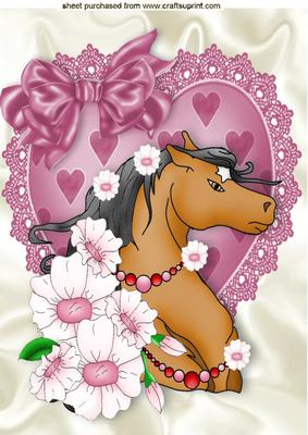 Pretty Horse with Flowers on Lace Heart A4