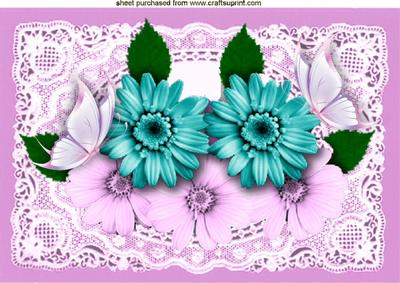 Pretty Floral Arrangement on Pink Lace with Butterflies A4