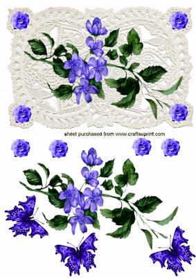 Gorgeous Purple/blue Flowers & Butterflies on Ecru Lace