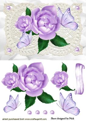 Lilac Roses with Butterflies & Pearls on Ecru Lace