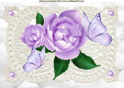 Lilac Roses with Butterflies & Pearls on Ecru Lace A4