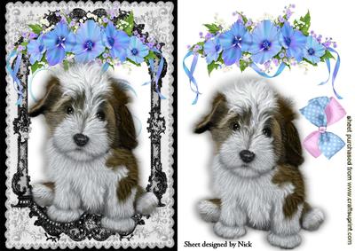 Cute Puppy with Flowers in Lace Frame