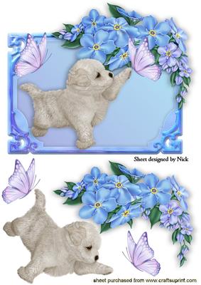 White Puppy with Butterflies & Lilac Flowers