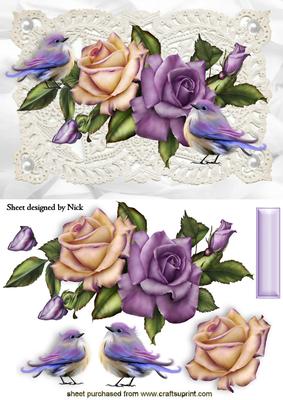 Roses on Ecru Lace with Little Birds