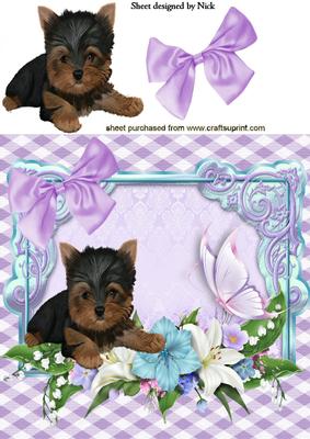 Cute Little Yorkie with Flowers and Butterfly 8x8