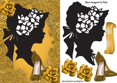 Silhouette of Vintage Lady with Modern Gold Rosee