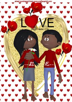 Ethnic Origin Love Couple on Gold Heart with Flowers A4