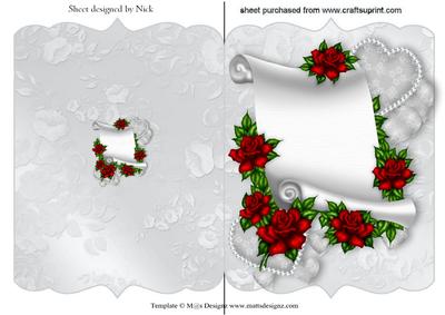 Red Roses with Scroll and Hearts on Silver Frame