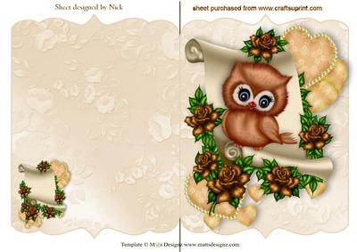 Gold Roses with Cute Owl on Scroll with Hearts
