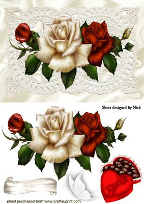 Beautiful Red/cream Roses and Choc on Vintage Lace