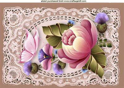 Pretty Flowers on Vintage Lace with Butterfly A4