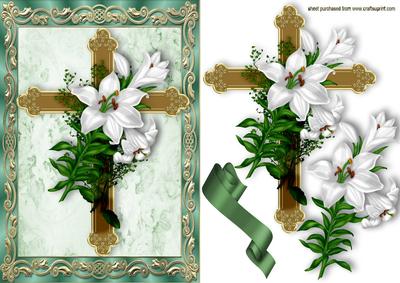 Gold Cross with White Lillies in Green Ornate Frame