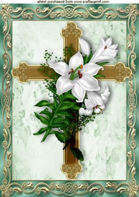 Gold Cross with White Lillies in Green Ornate Frame A4