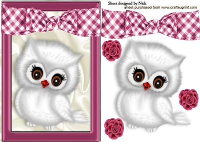 Little White Owl with Roses in Bow Frame